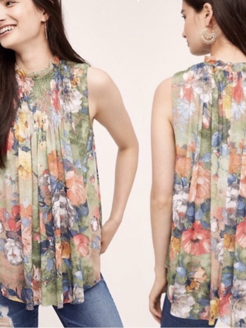 Floral Pleated Sleeveless Top - Green Multi
